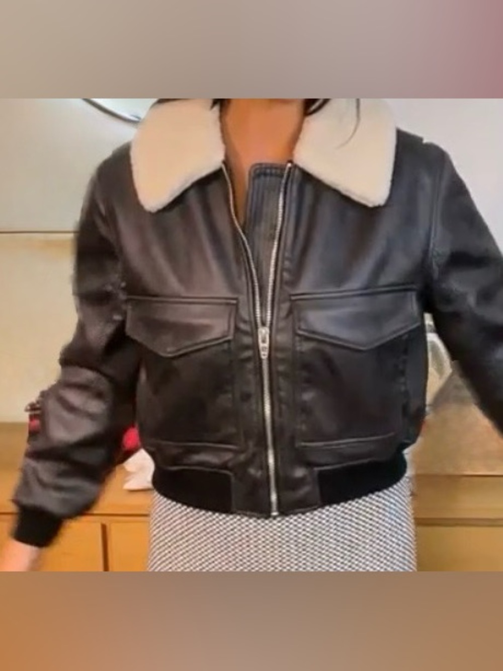 Blank NYC Black leather Bomber Jacket with Cream Shearling Collar